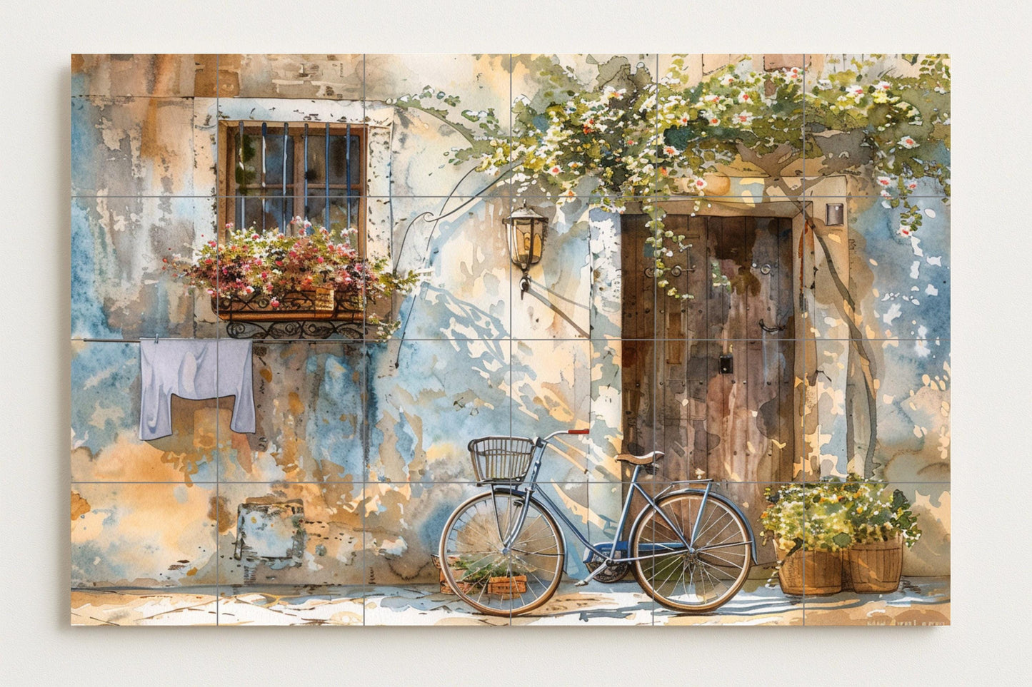Provencal door mural • French watercolor tile mural art • Bicycle scene decoration • Aix street panel • Mediterranean facade ceramics • Vignette