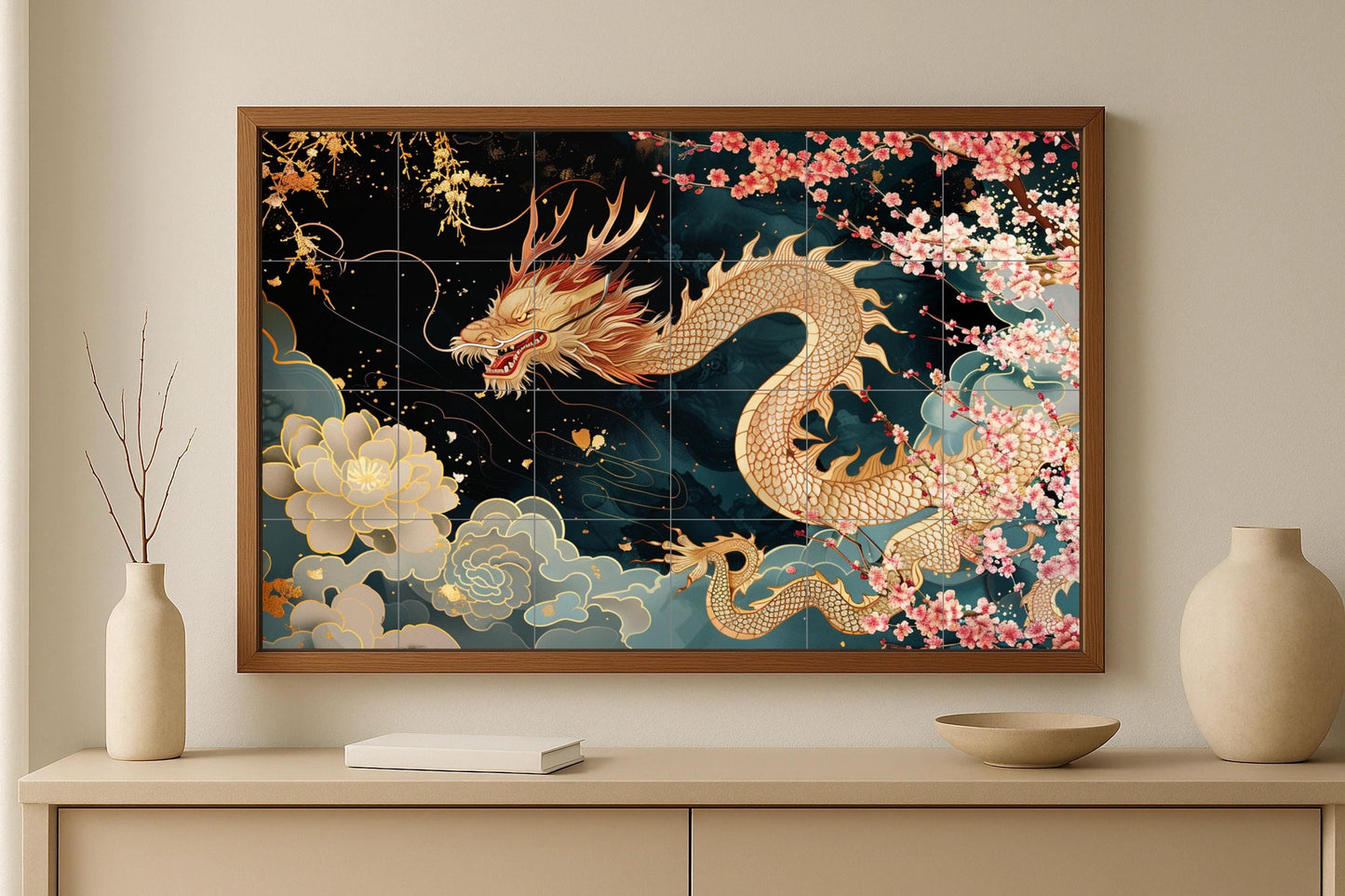 Asian Dragon Mural • Kyoto Flower Tile Wall Art • Celestial Guardian Decoration • Imperial Cloud Panel • Hanami Golden Ceramics • Mythical Spring