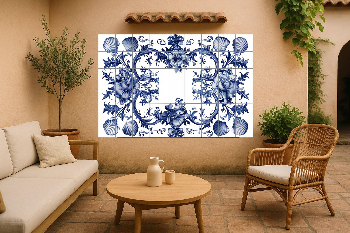 Delft floral mural • Dutch Baroque tile wall art • Shell ceramic decoration • Flemish scroll panel • Coastal blue pottery • Symmetrical