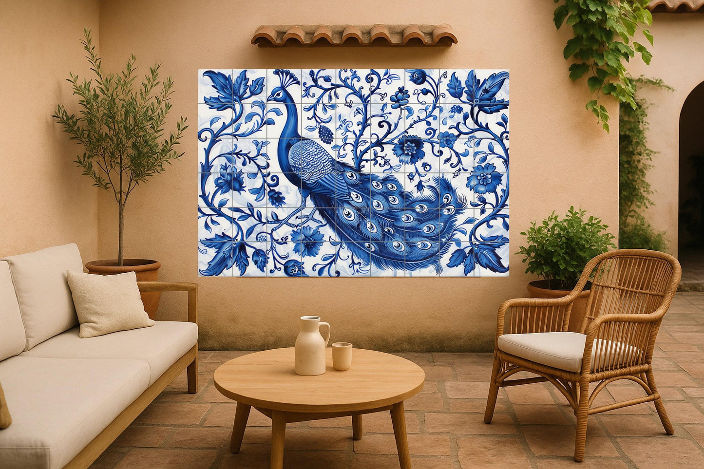 Peacock Wall Tile • Indian Bird Wall Art • Mughal Floral Ceramics • Blue Scroll Decor • Jaipur Plumage Panel • Elegant Garden Ceramics