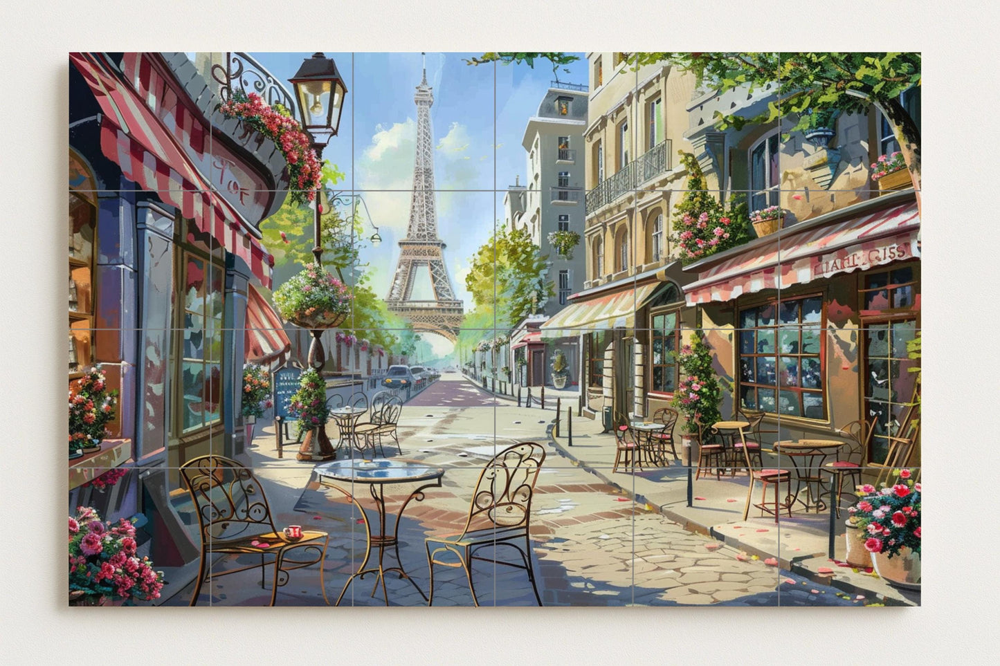 Parisian café mural • French terrace tile mural art • Eiffel Tower decoration • Bistro culture panel • Montmartre ceramic scene • Romantic street