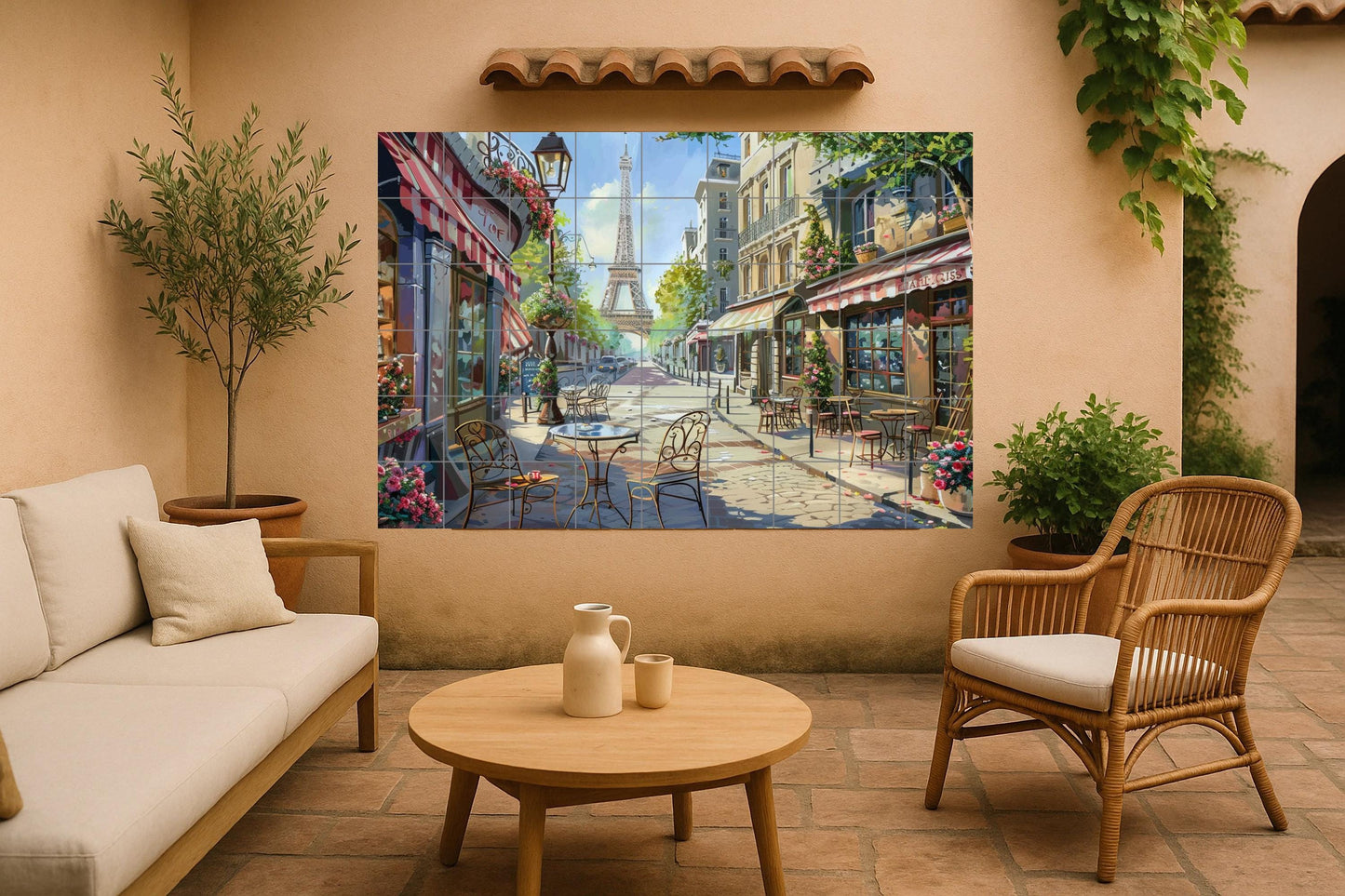 Parisian café mural • French terrace tile mural art • Eiffel Tower decoration • Bistro culture panel • Montmartre ceramic scene • Romantic street