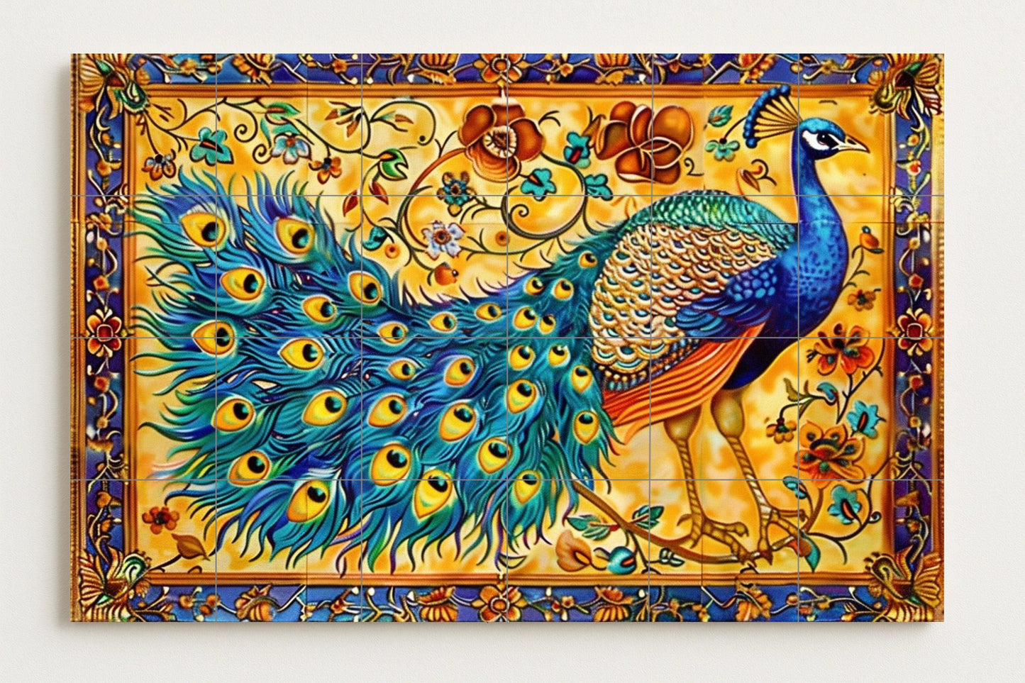 Sevillian peacock mural • Spanish folk tile mural art • Talavera bird decoration • Andalusian ceramic panel • Moorish floral border • Village