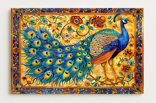 Sevillian peacock mural • Spanish folk tile mural art • Talavera bird decoration • Andalusian ceramic panel • Moorish floral border • Village