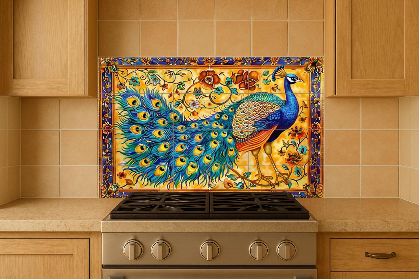 Sevillian peacock mural • Spanish folk tile mural art • Talavera bird decoration • Andalusian ceramic panel • Moorish floral border • Village