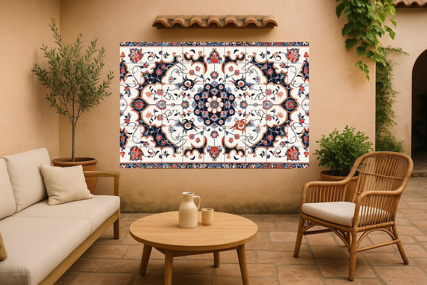 Mural with Tehran motifs • Mural art with Persian Neo-Renaissance style tiles • Decoration with Qajar motifs • Ceramic panel from an Iranian palace • Middle Eastern elegance
