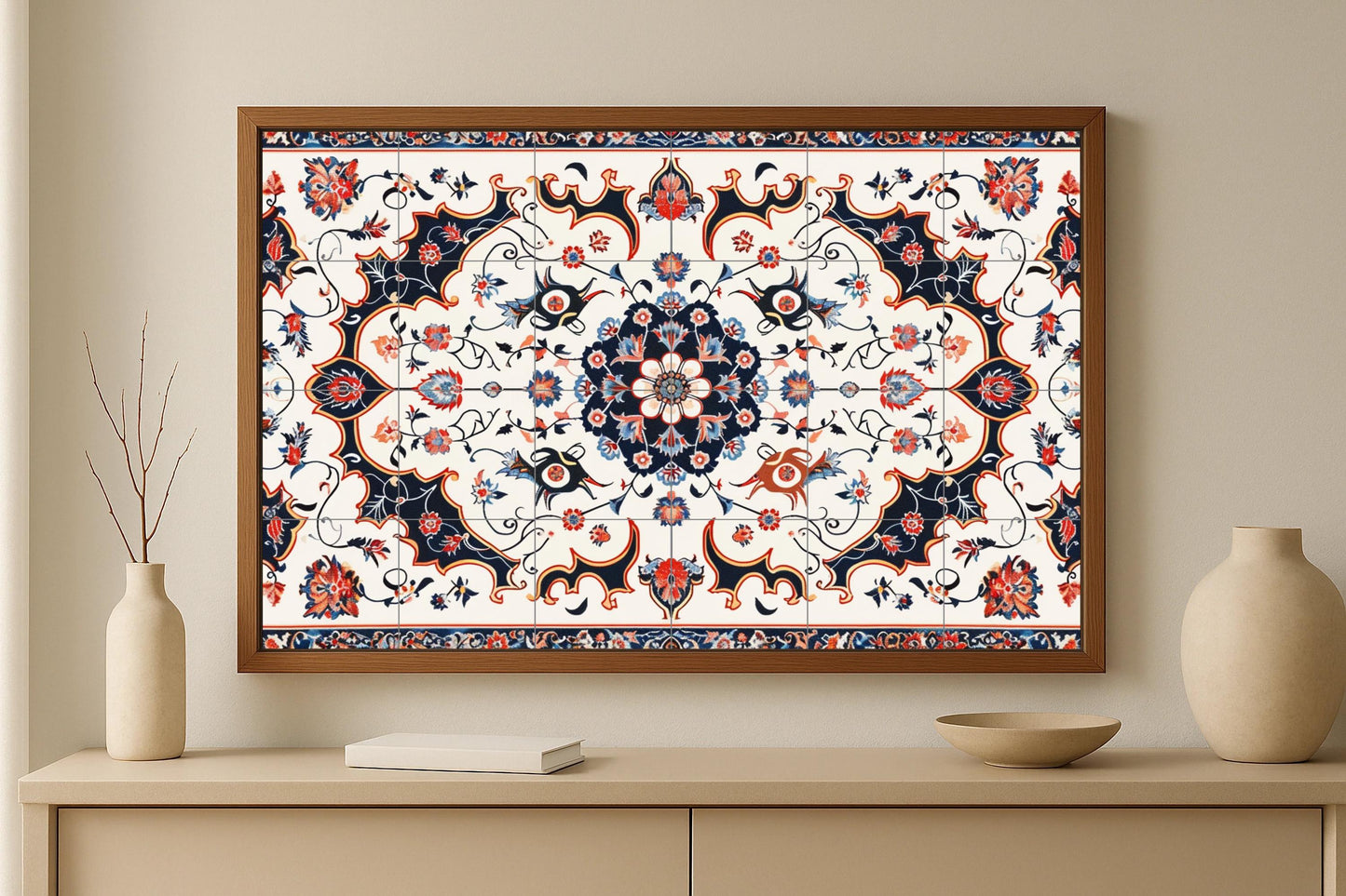 Mural with Tehran motifs • Mural art with Persian Neo-Renaissance style tiles • Decoration with Qajar motifs • Ceramic panel from an Iranian palace • Middle Eastern elegance
