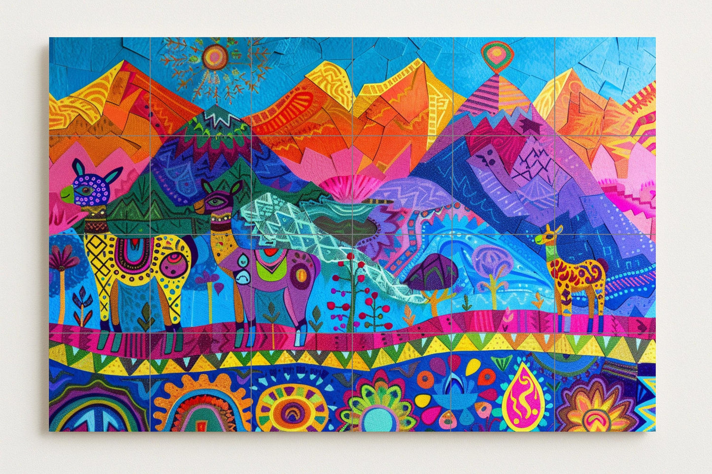 Mural of Andean spirit • Mural art of popular Cusco tiles • Decoration of Quechua llamas • Ceramic panel from the Sacred Valley • Inca textile design • Altiplano mountain