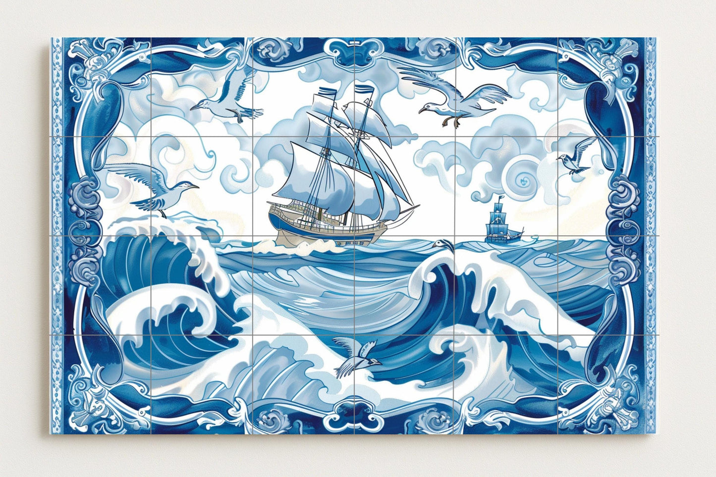 Delft Sea Mural • Dutch Navigation Tile Wall Art • North Sea Ceramic Decoration • Amsterdam Nautical Panel • Baroque Ocean Frame • Sea Wind