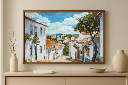 Mural of a Portuguese village • Alentejo tile mural art • Street decoration of Óbidos • Whitewashed ceramic panel • Iberian hillside • Citrus terrace