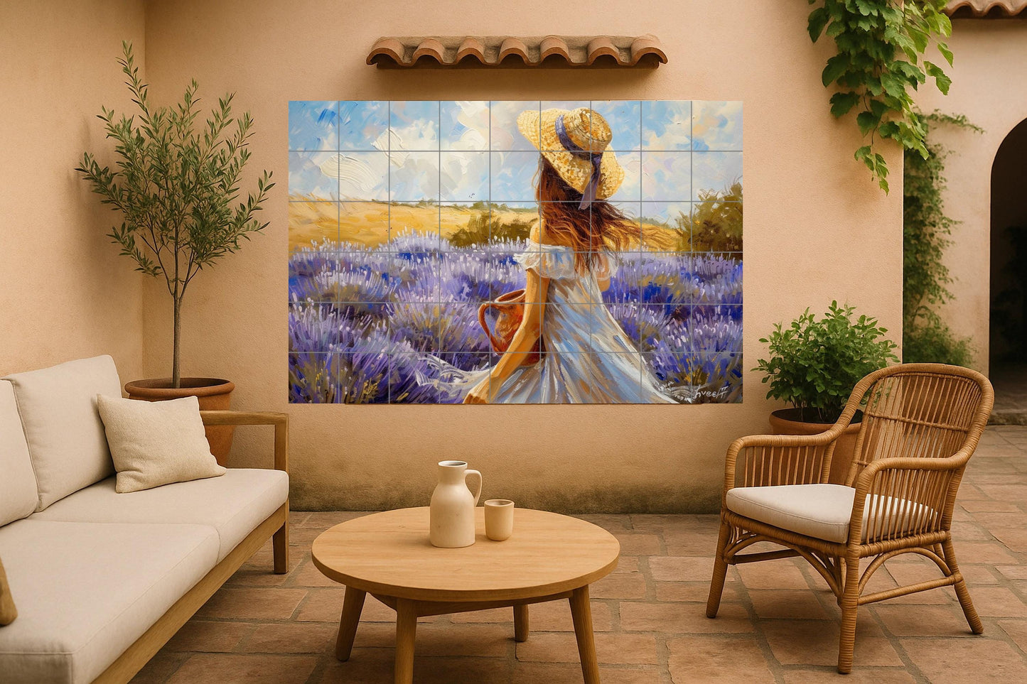 Provencal-style tile mural • Woman with summer hat walking through fields of violets • Hand-painted country ceramic panel
