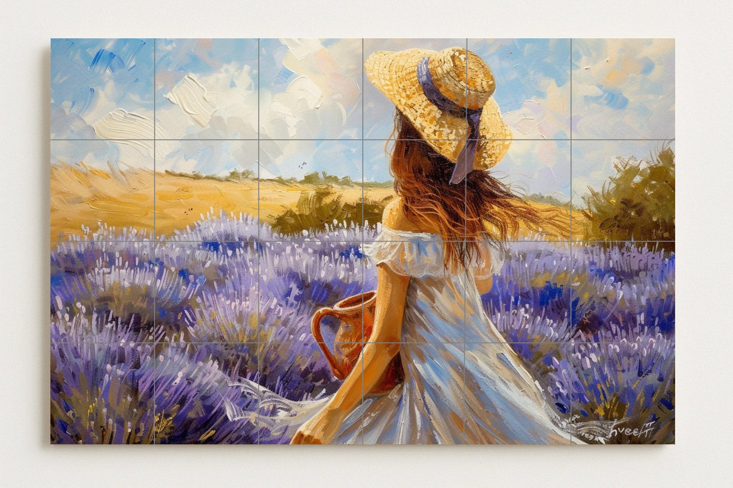 Provencal-style tile mural • Woman with summer hat walking through fields of violets • Hand-painted country ceramic panel