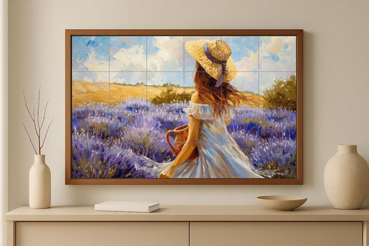 Provencal-style tile mural • Woman with summer hat walking through fields of violets • Hand-painted country ceramic panel