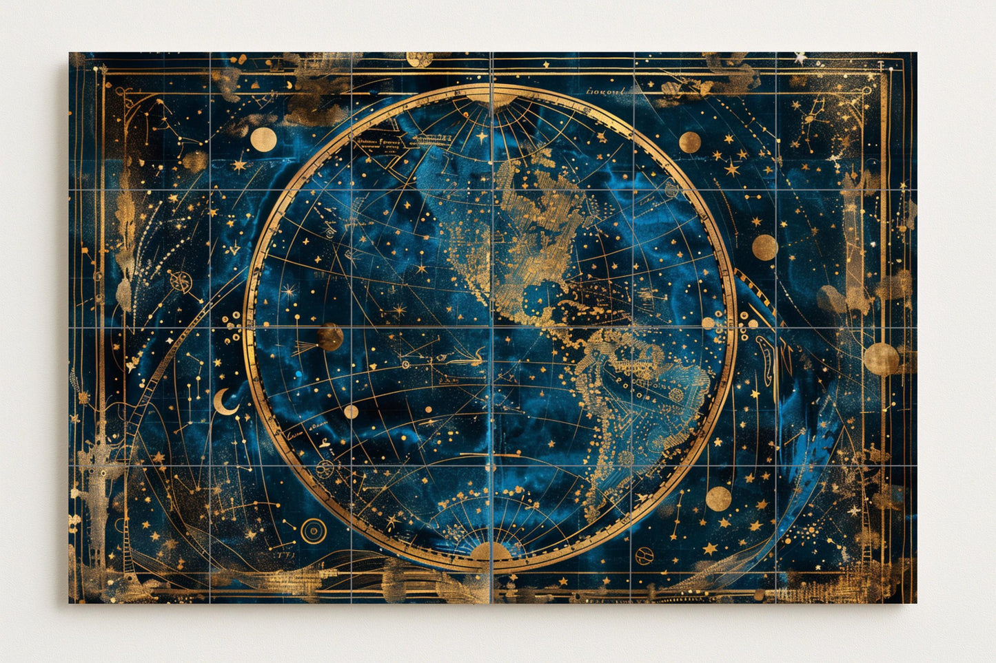 Tile mural with celestial map • Golden star map with constellations and globe • Cosmic wall art in deep navy blue and antique gold