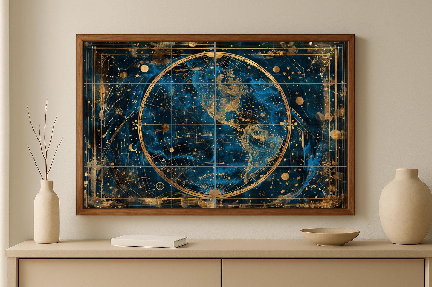 Tile mural with celestial map • Golden star map with constellations and globe • Cosmic wall art in deep navy blue and antique gold