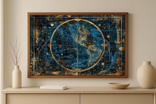 Tile mural with celestial map • Golden star map with constellations and globe • Cosmic wall art in deep navy blue and antique gold