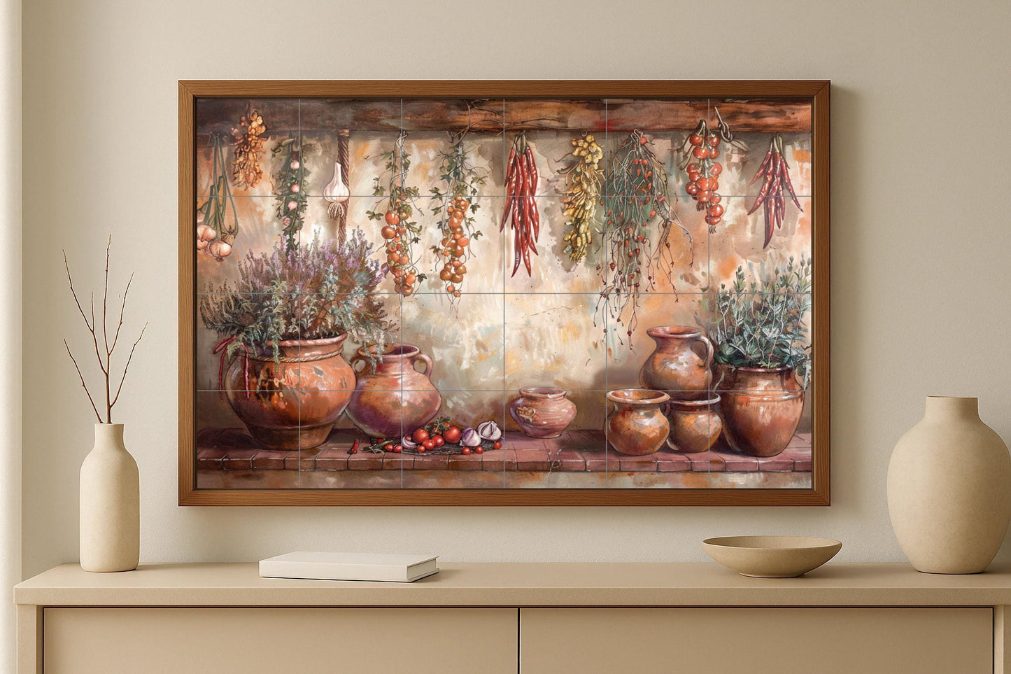 Rustic kitchen tile mural • Still life of Mediterranean herbs and spices • Ceramic wall art with garlic, terracotta pots, and hanging tomatoes