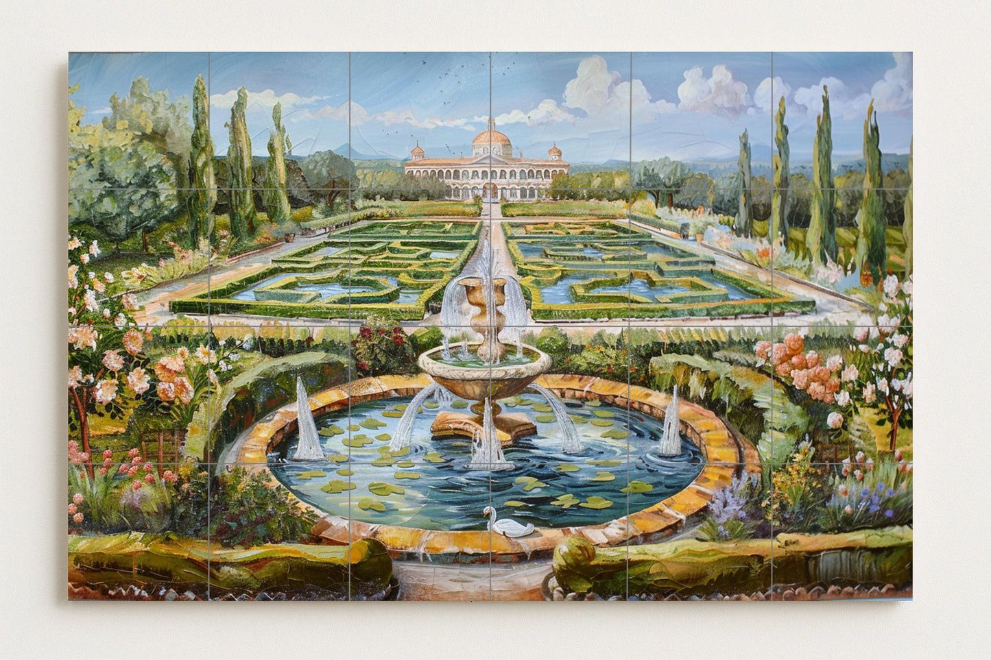 Palace garden tile mural • Classical Baroque courtyard with fountains and hedges • Ceramic mural art with European landscape