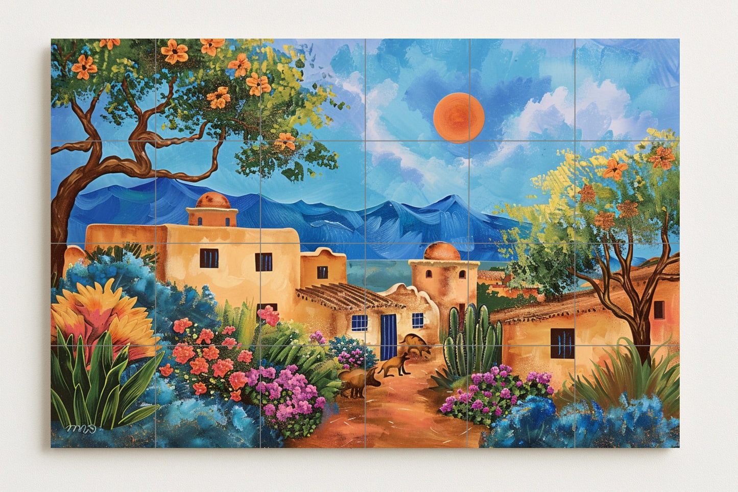 Colorful mural of an adobe village • Southwestern tile art with cactus and floral landscape • Hand-painted ceramic mural of a Mexican village