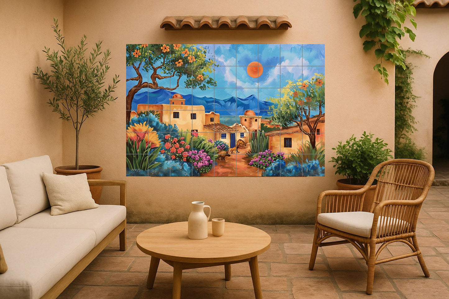 Colorful mural of an adobe village • Southwestern tile art with cactus and floral landscape • Hand-painted ceramic mural of a Mexican village