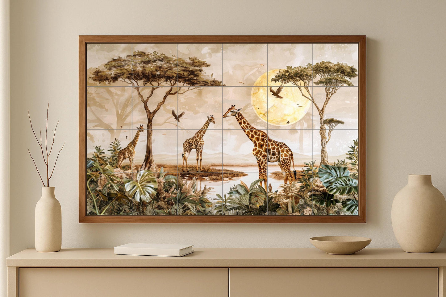 Golden Savannah Giraffe Mural • Sunlit African Tile Art • Earth-Tone Safari Jungle Ceramic Wall • Botanical Wildlife Interior Panel