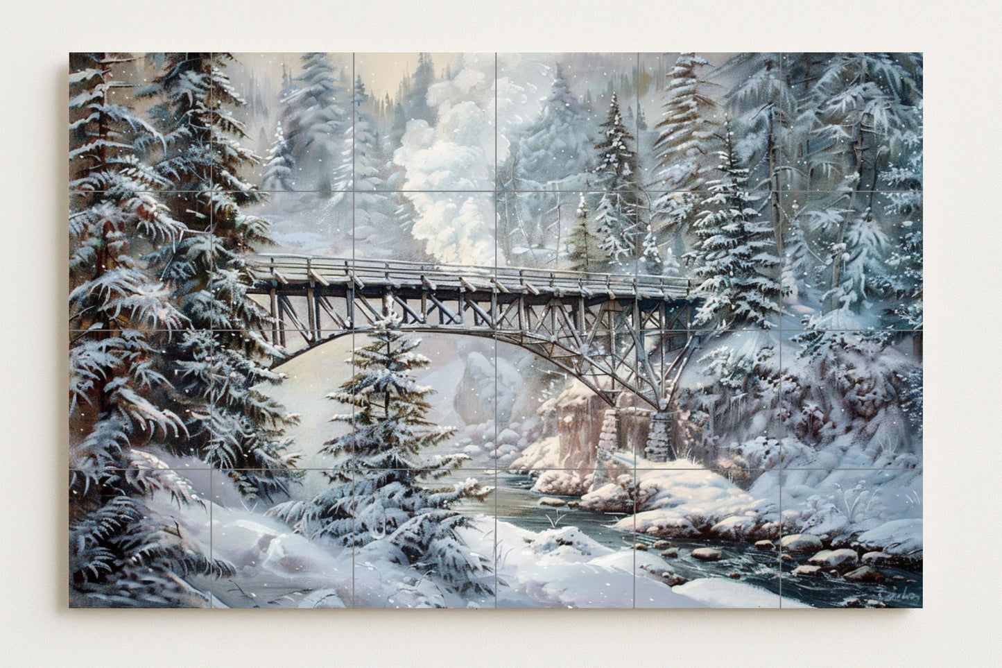 Ceramic mural with snowy mountain bridge • Tile art with railway in winter forest • Wall panel with frozen alpine landscape • Nature crossing in the snow