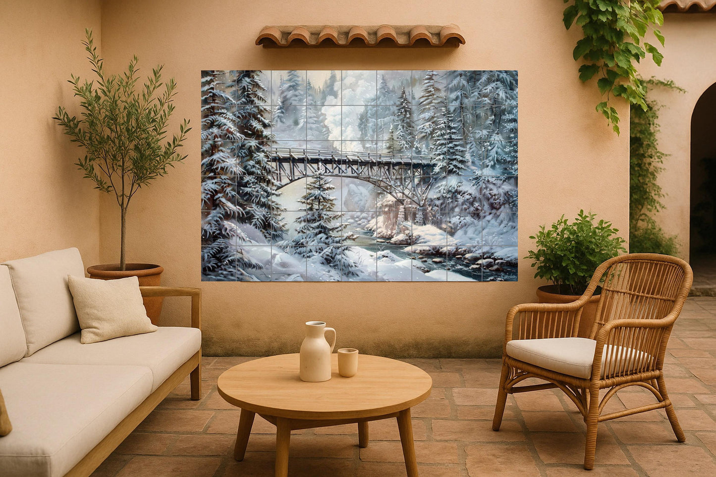 Ceramic mural with snowy mountain bridge • Tile art with railway in winter forest • Wall panel with frozen alpine landscape • Nature crossing in the snow