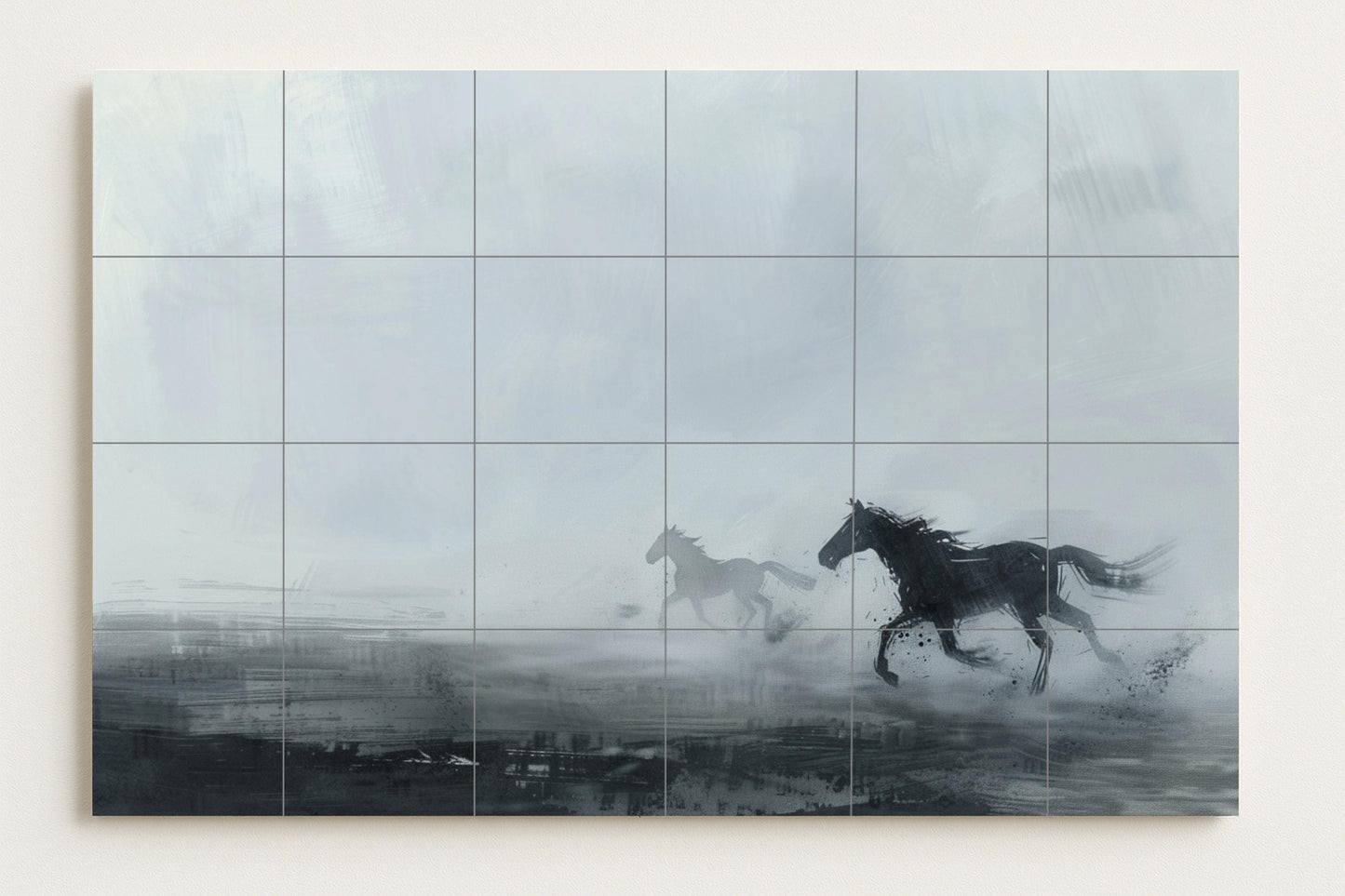 Ceramic mural of running wild horses • Abstract equine tile art • Monochromatic freedom decor • Dynamic black horse silhouette panel