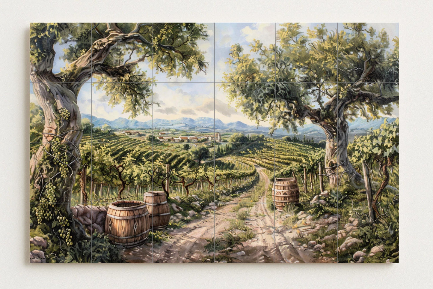 Vineyard Ceramic Mural • Rustic Wine Landscape Tile Wall Art • Mediterranean Country Decor • Wine Barrel Ceramic Panel • Rural Vineyard