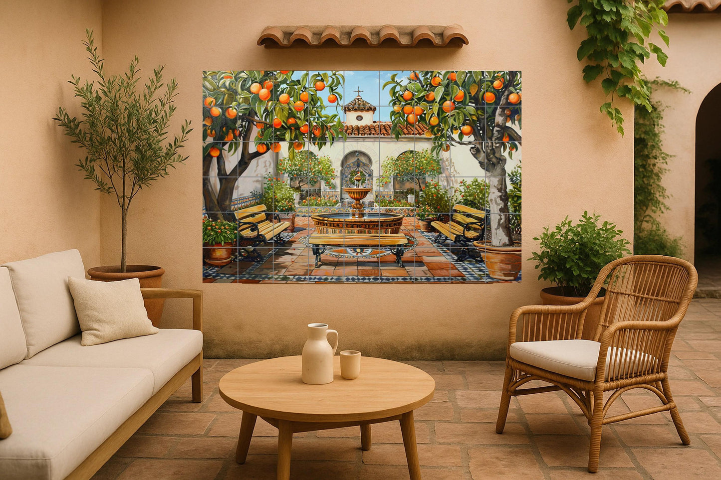 Spanish Patio Mural • Citrus Patio Tile Wall Art • Mediterranean Fountain Decor • Moorish Garden Ceramic Panel • Seville Tile Scene