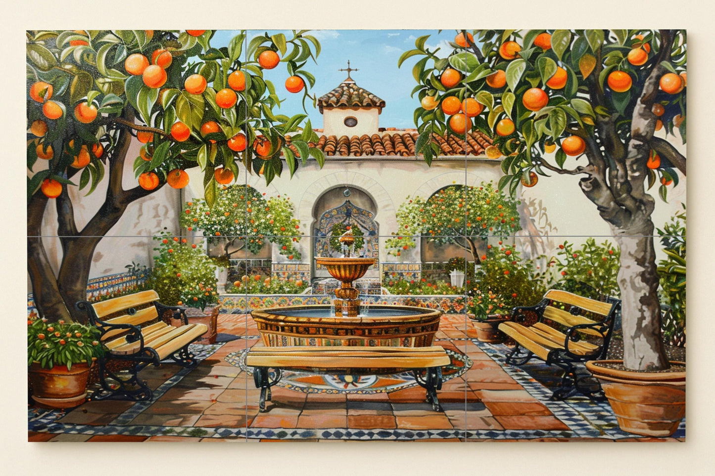 Spanish Patio Mural • Citrus Patio Tile Wall Art • Mediterranean Fountain Decor • Moorish Garden Ceramic Panel • Seville Tile Scene