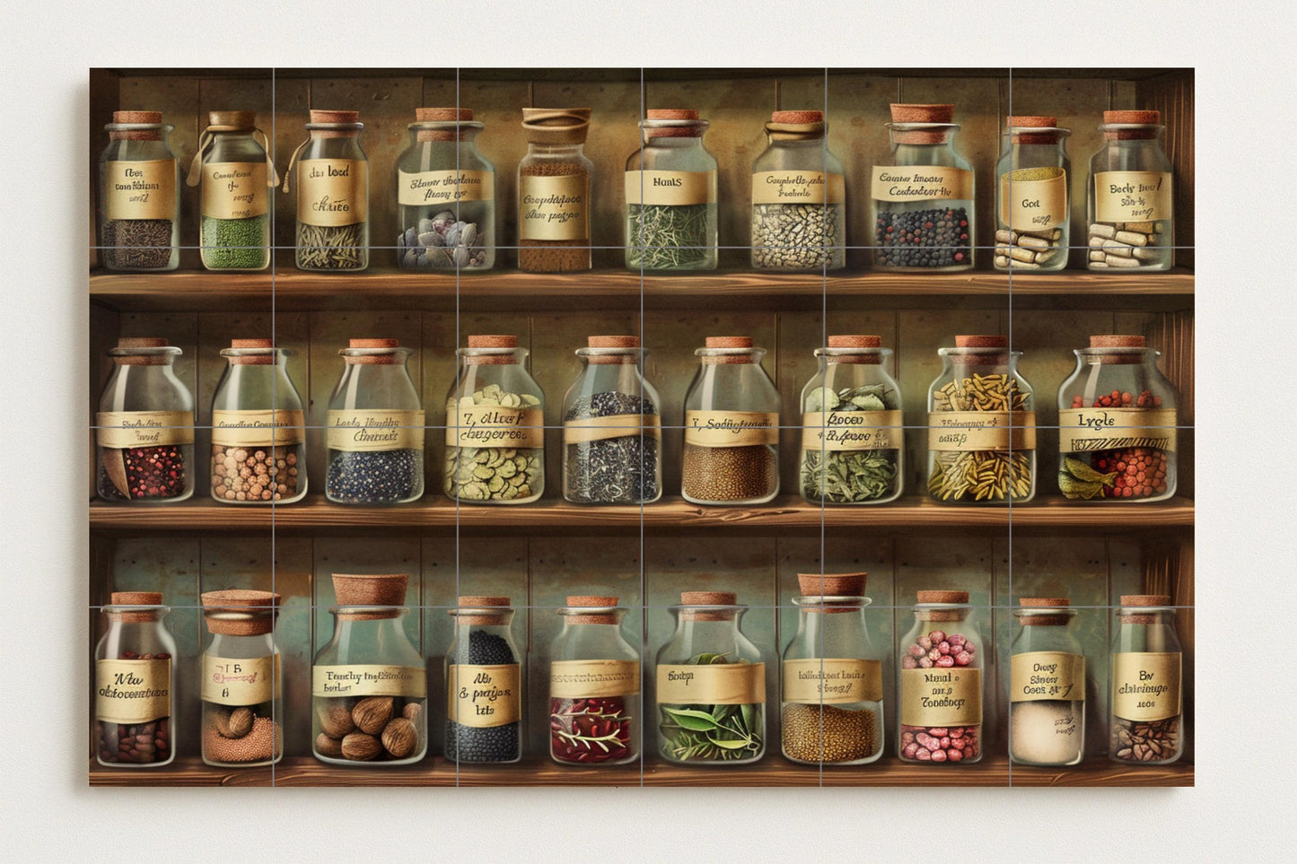 Apothecary Jar Mural • Vintage Spice Tile Wall Art • Ceramic Panel with Herb Rack • Rustic Pantry Decor Scene • Kitchen Remedies Tile Design