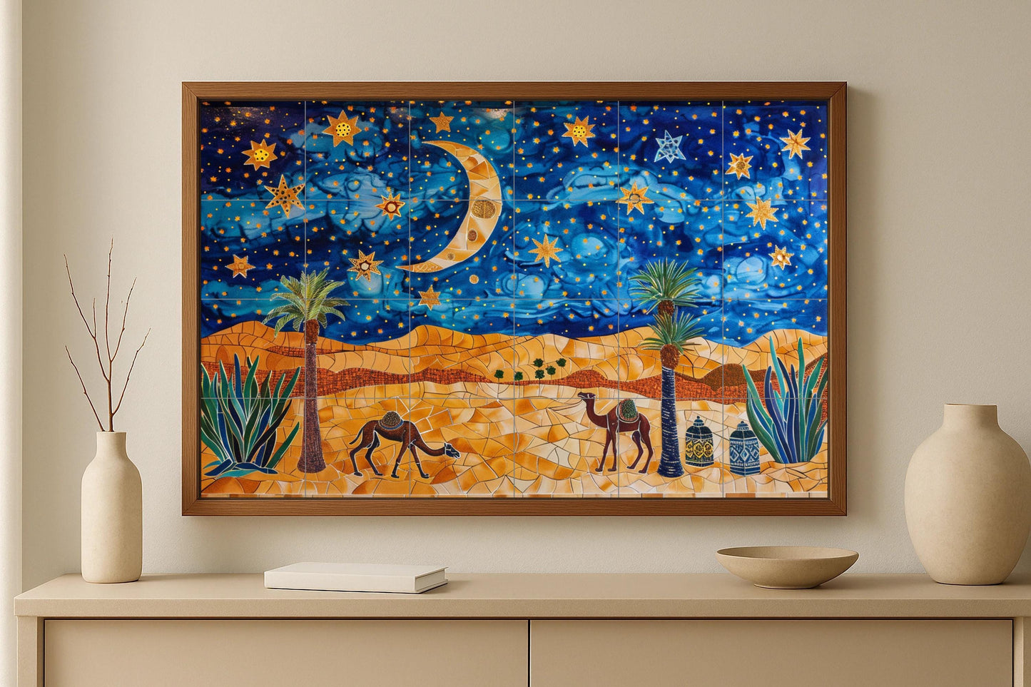 Night mural in the desert • Camel caravan tile mural art • Starry sky mosaic decoration • Moonlit dune ceramic scene • Eastern twilight panel