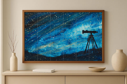 Nighttime Stargazing Mural • Tile Wall Art with Telescope • Celestial Observation Decor • Astronomical Ceramic Panel • Tile Scene with Starry Cosmos