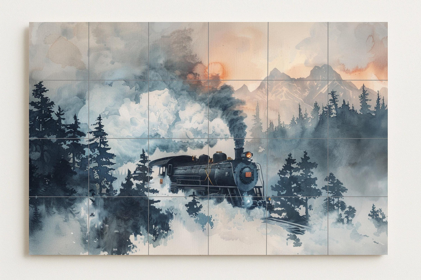 Steam Train Mural • Mountain Railway Tile Wall Art • Nature Travel Decor • Forest Locomotive Ceramic Scene • Smoking Track Panel