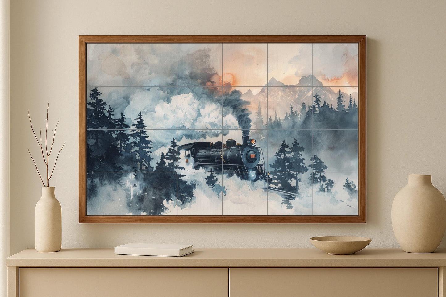 Steam Train Mural • Mountain Railway Tile Wall Art • Nature Travel Decor • Forest Locomotive Ceramic Scene • Smoking Track Panel
