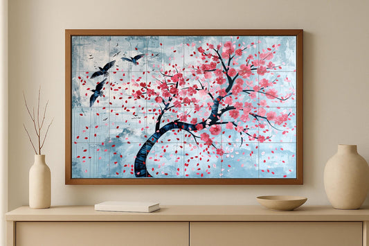 Cherry Blossom Mural • Drifting Petal Tile Wall Art • Decorative Birds in Flight Panel • Spring Bloom Ceramic Scene • Poetic Pink Tree Design
