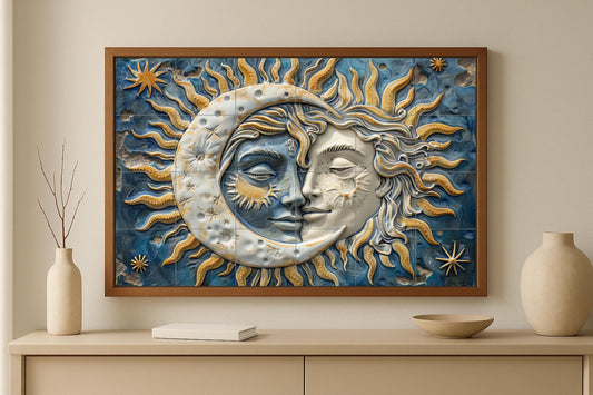 Sun and Moon tile mural: Celestial ceramic art in gold, white and cosmic blue for spiritual or sacred spaces.