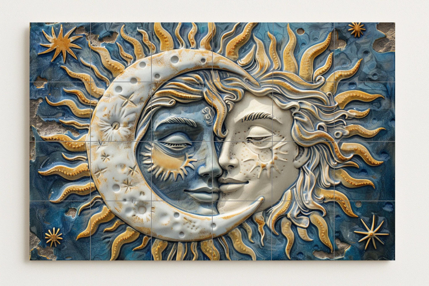 Sun and Moon tile mural: Celestial ceramic art in gold, white and cosmic blue for spiritual or sacred spaces.