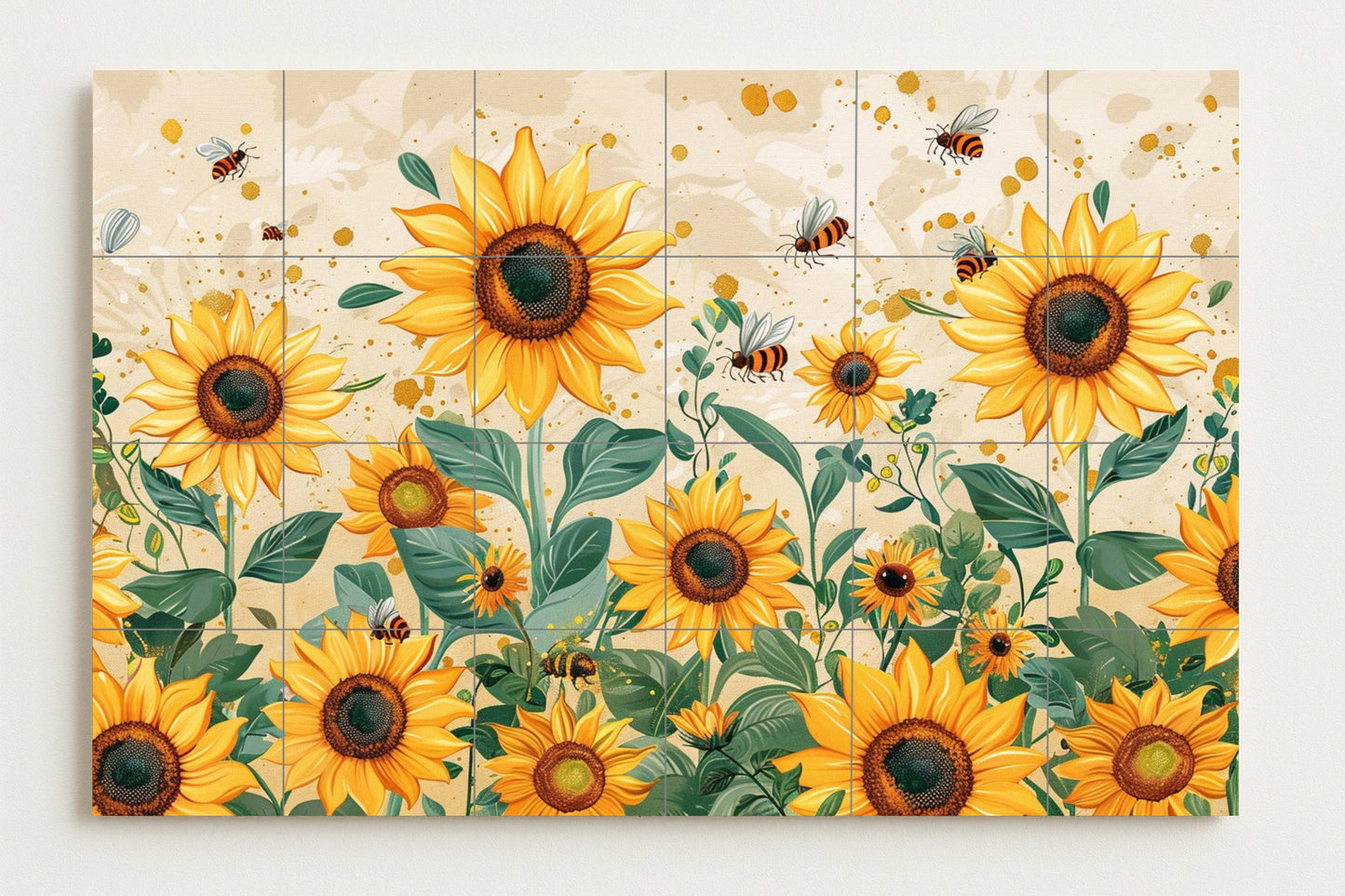 Bee and Sunflower Mural • Golden Blooming Tile Wall Art • Summer Pollination Decor • Cheerful Petal Panel • Natural Garden Ceramic Scene • Countryside View