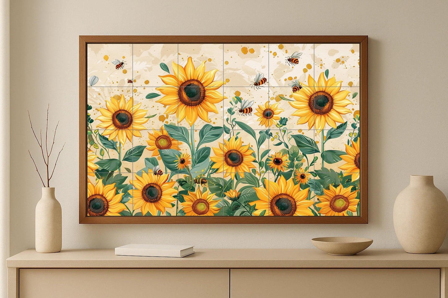 Bee and Sunflower Mural • Golden Blooming Tile Wall Art • Summer Pollination Decor • Cheerful Petal Panel • Natural Garden Ceramic Scene • Countryside View