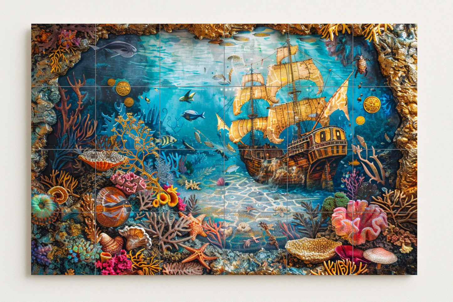 Sunken Ship Mural • Underwater Treasure Tile Wall Art • Gold Coral Reef Decor • Pirate Shipwreck Panel • Deep Sea Discovery Ceramic Scene