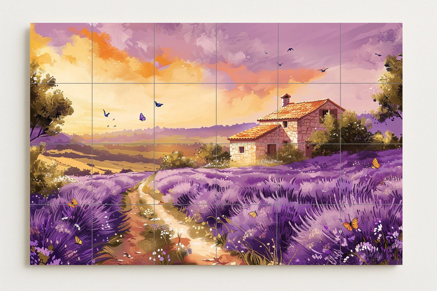 "Lavender Sunset" tile mural: Country road with cabin, butterflies and a warm sky in shades of violet and gold