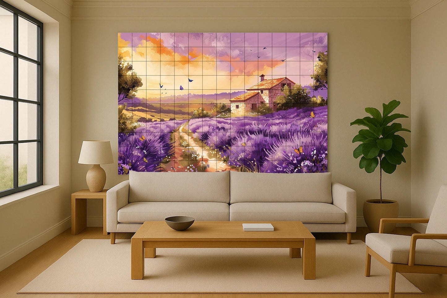 "Lavender Sunset" tile mural: Country road with cabin, butterflies and a warm sky in shades of violet and gold