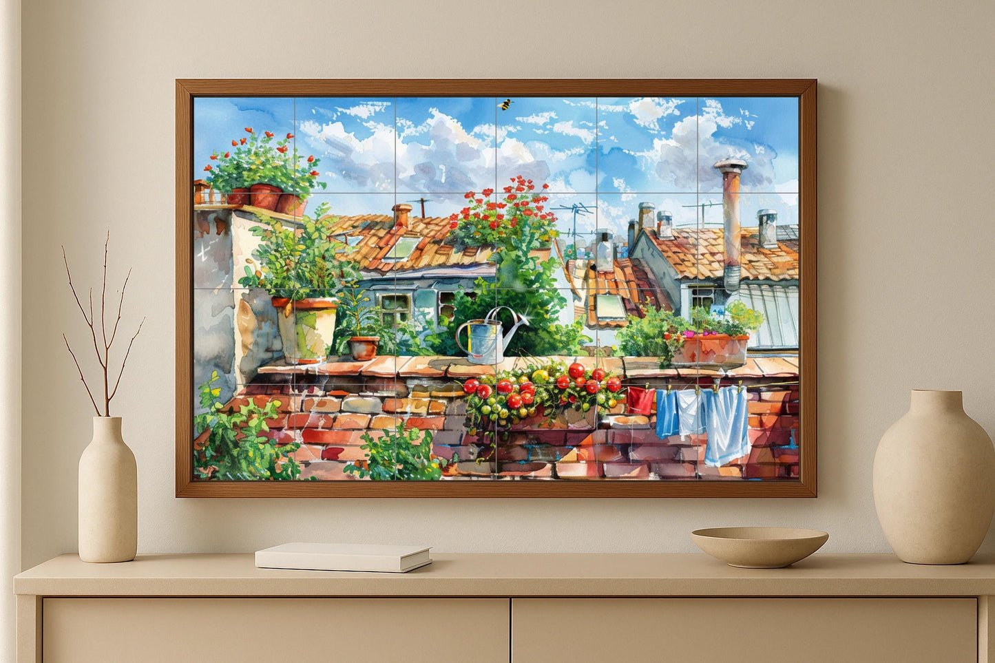 Mediterranean rooftop mural • Urban garden tile mural art • Sunny terrace decor • Tomato flower panel, Clay tile ceramic scene, Laundry room view