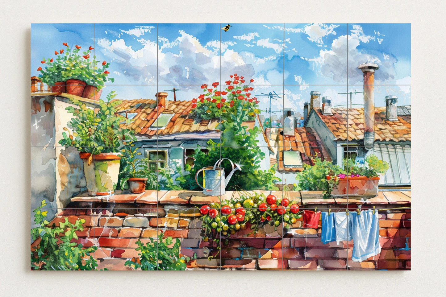 Mediterranean rooftop mural • Urban garden tile mural art • Sunny terrace decor • Tomato flower panel, Clay tile ceramic scene, Laundry room view