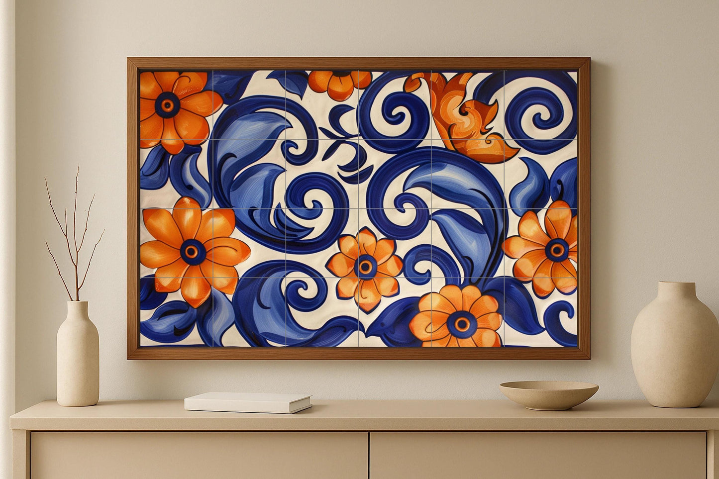 Mediterranean floral mural • Tile mural art with Iberian swirls • Terracotta blue decoration • Traditional ceramic panel • Classic floral scene with scrolls