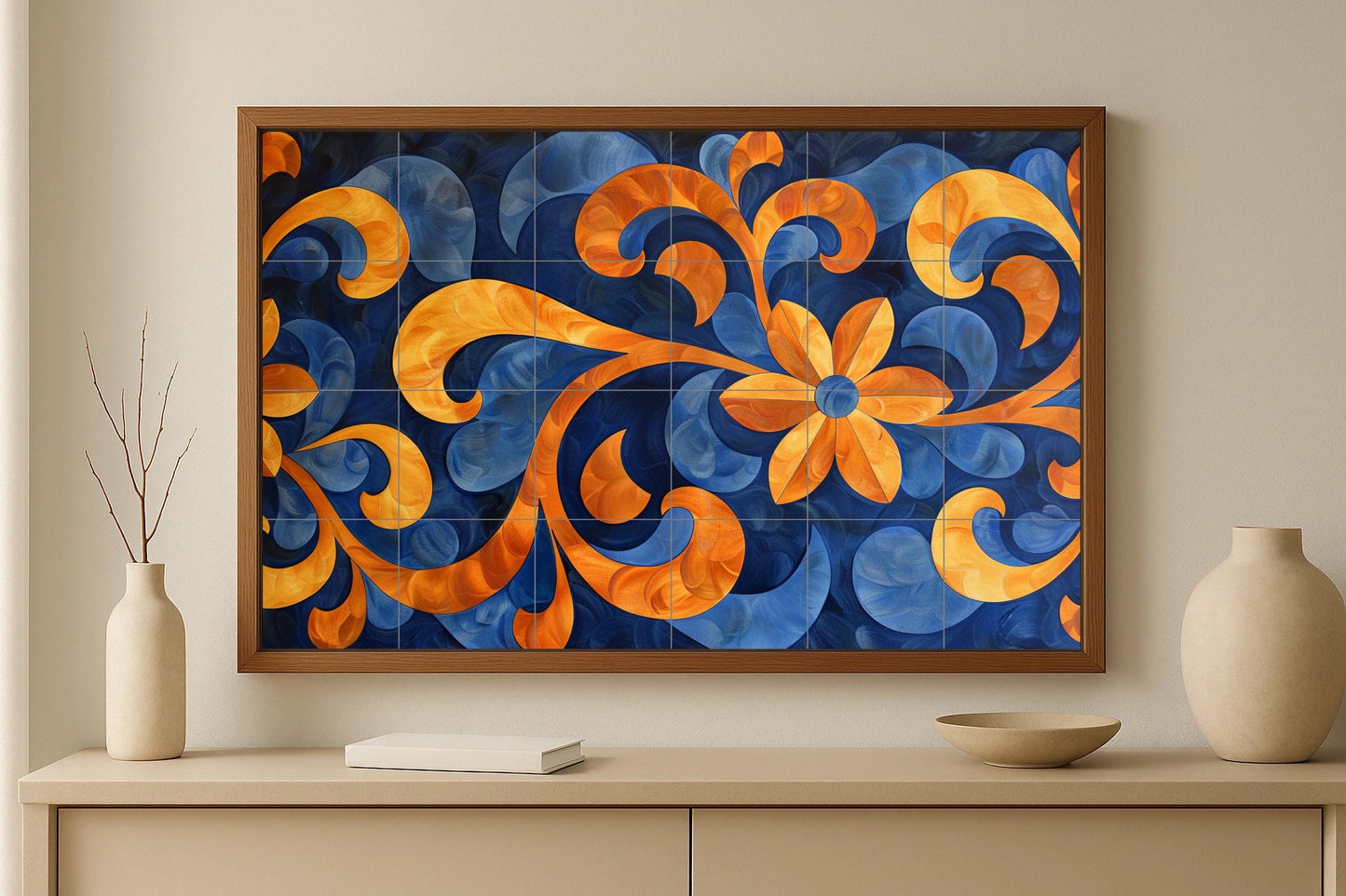 Floral mural • Ornamental tile wall art • Sapphire and amber decor • Modern swirling panel • Striking ceramic motif • Symmetrical flower scene