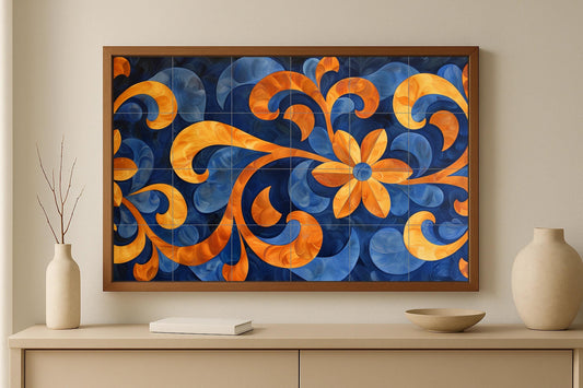 Floral mural • Ornamental tile wall art • Sapphire and amber decor • Modern swirling panel • Striking ceramic motif • Symmetrical flower scene
