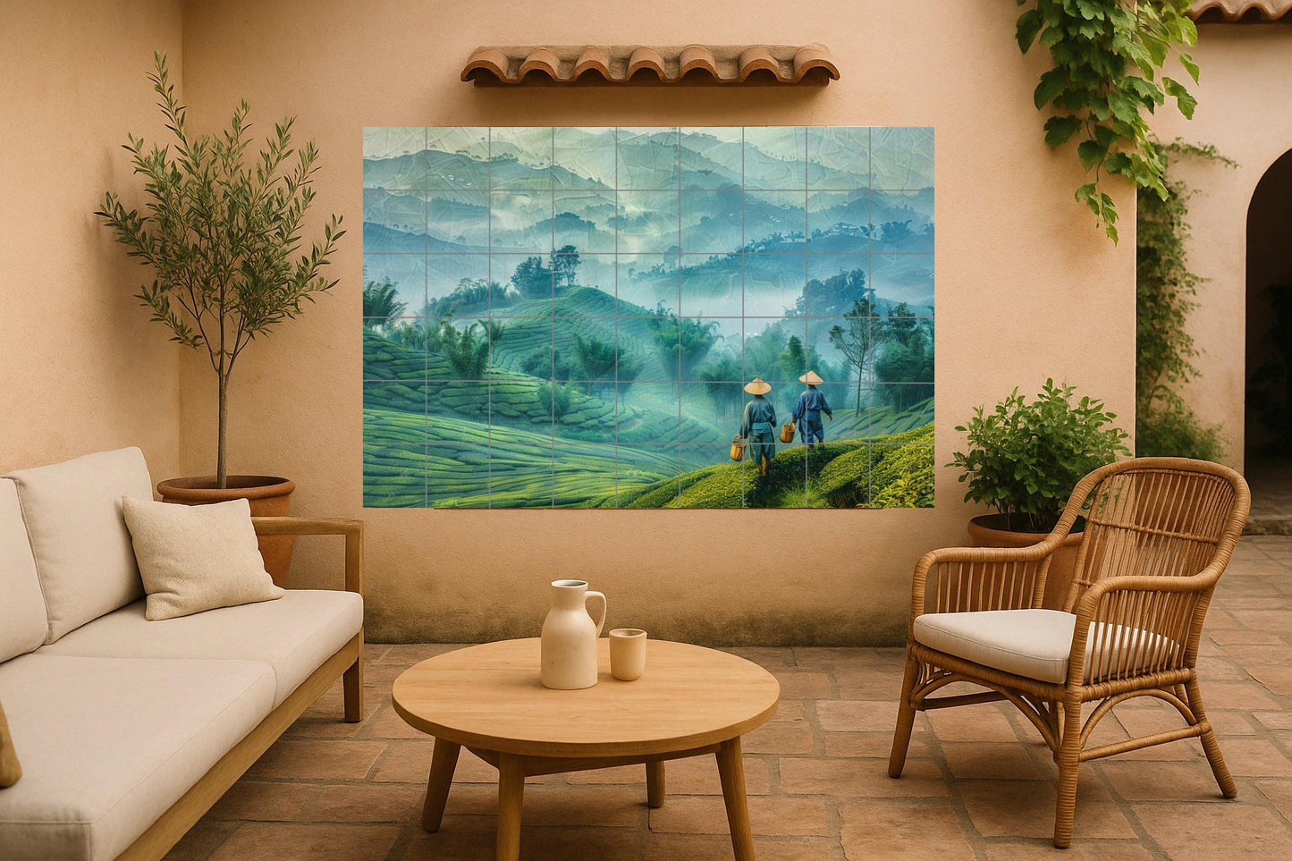 Terraced Field Mural • Southeast Green Tile Wall Art • Misty Hill Decor • Agricultural Valley Panel • Earth Rhythm Pottery • Bamboo Crest Scene
